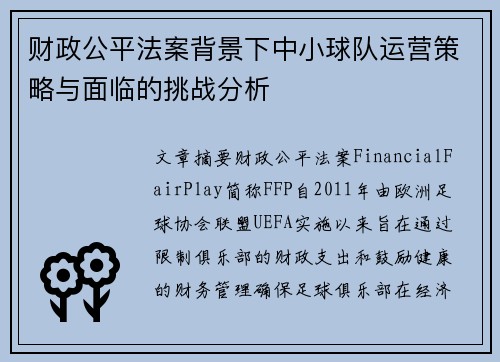 财政公平法案背景下中小球队运营策略与面临的挑战分析