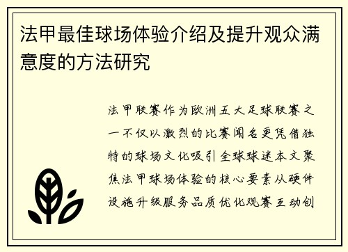 法甲最佳球场体验介绍及提升观众满意度的方法研究