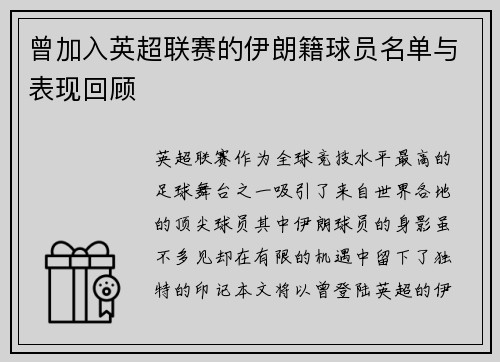 曾加入英超联赛的伊朗籍球员名单与表现回顾